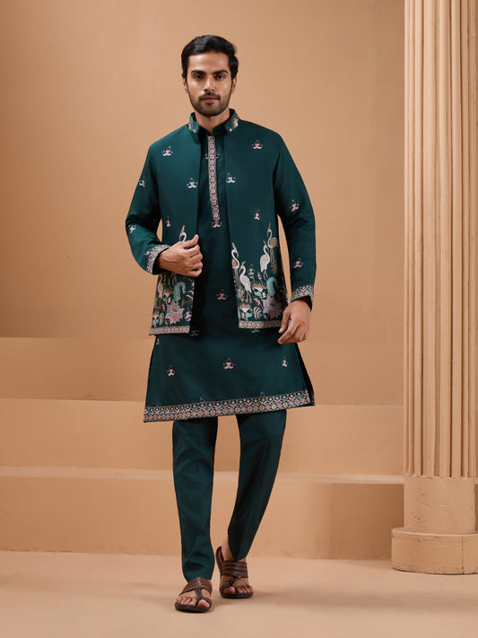Green Color Embroidered and Sequence Mens Kurta Jacket and Pant Set