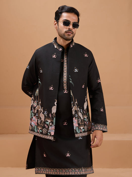 Black Color Embroidered and Sequence Mens Kurta Jacket and Pant Set