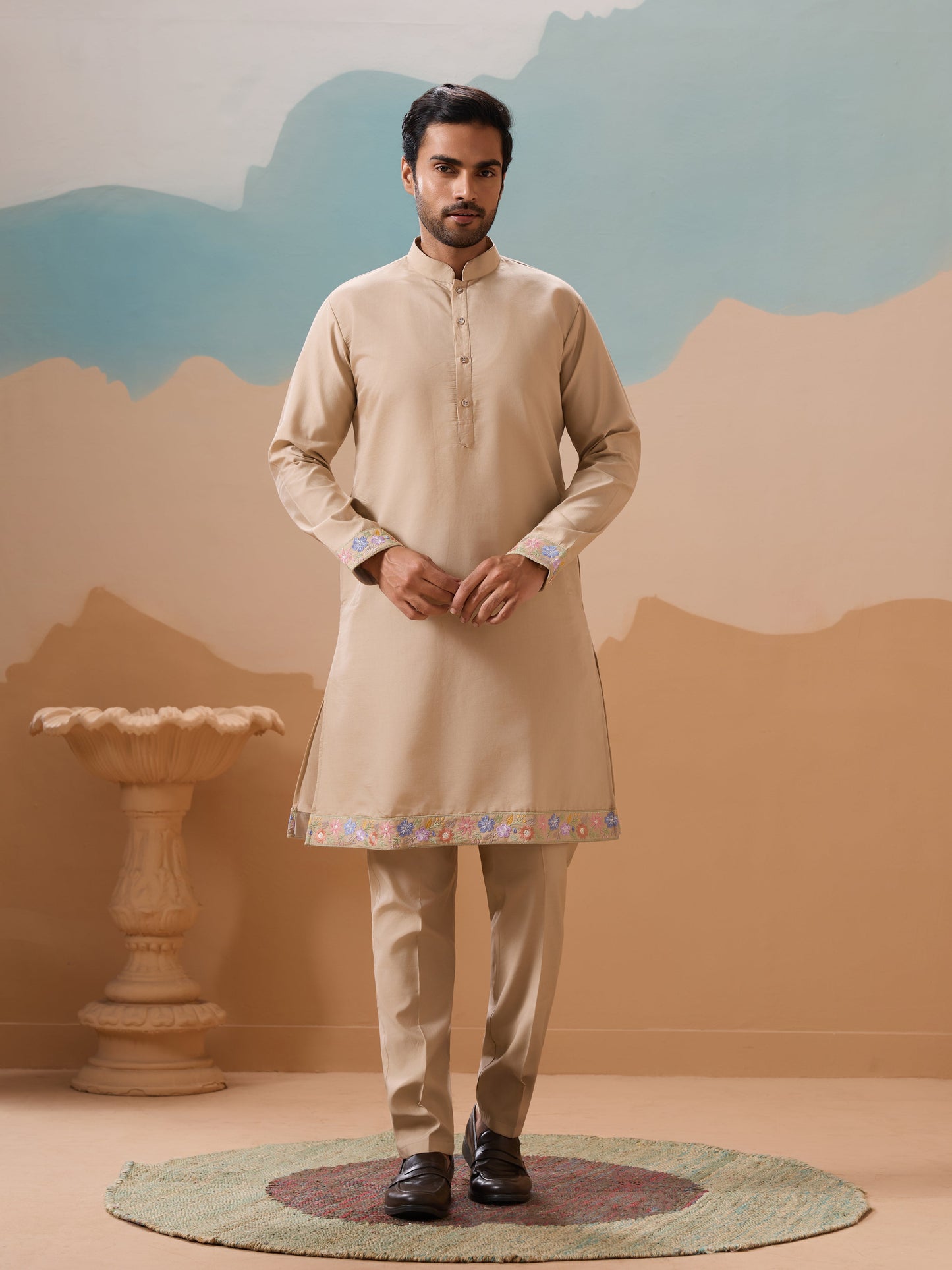 Celebration Beige Kurta Jacket and Pant Wedding Outfit for Men