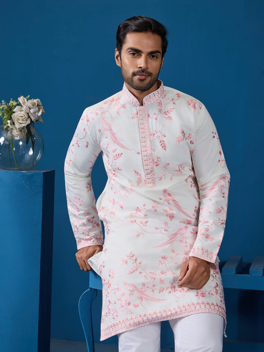 Classic White Viscose Silk Festive Kurta for Mens