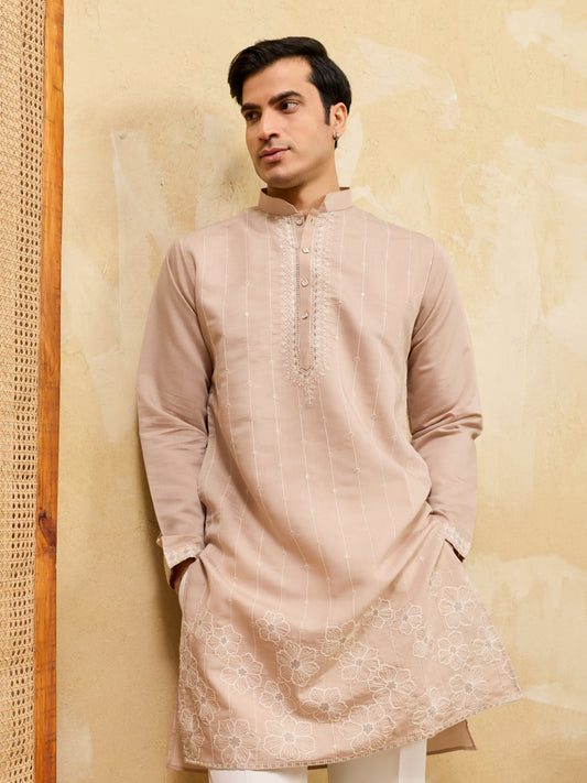 Elegant Peach Multi Thread & Sequence Embroidered Kurta