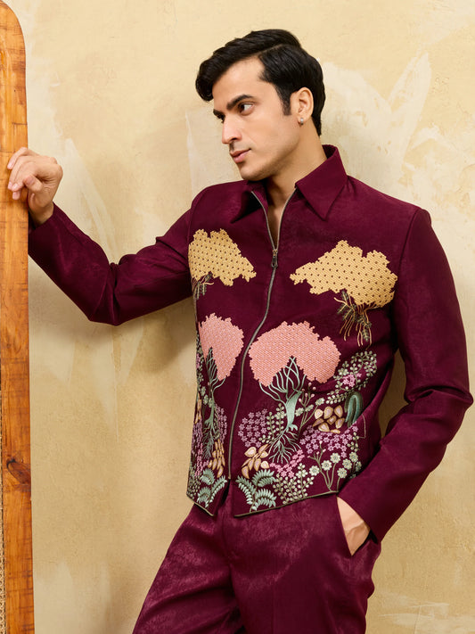 Elegant Maroon Bomber Jacket with Pant for Men's