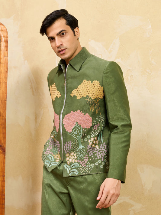 Regal Green Bomber Jacket with Thread Work and Pant for Mens