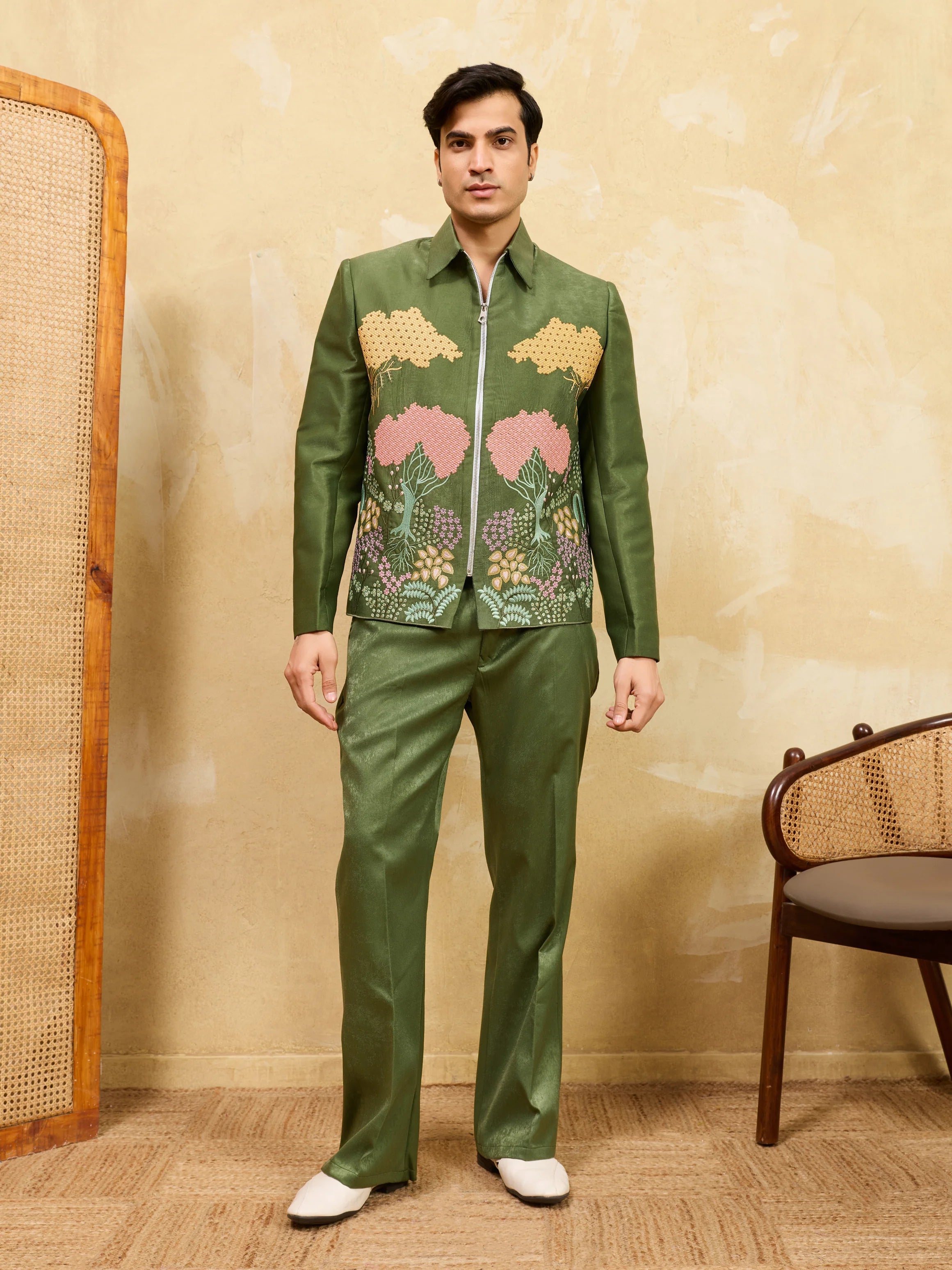 Regal Green Bomber Jacket with Thread Work and Pant for Mens