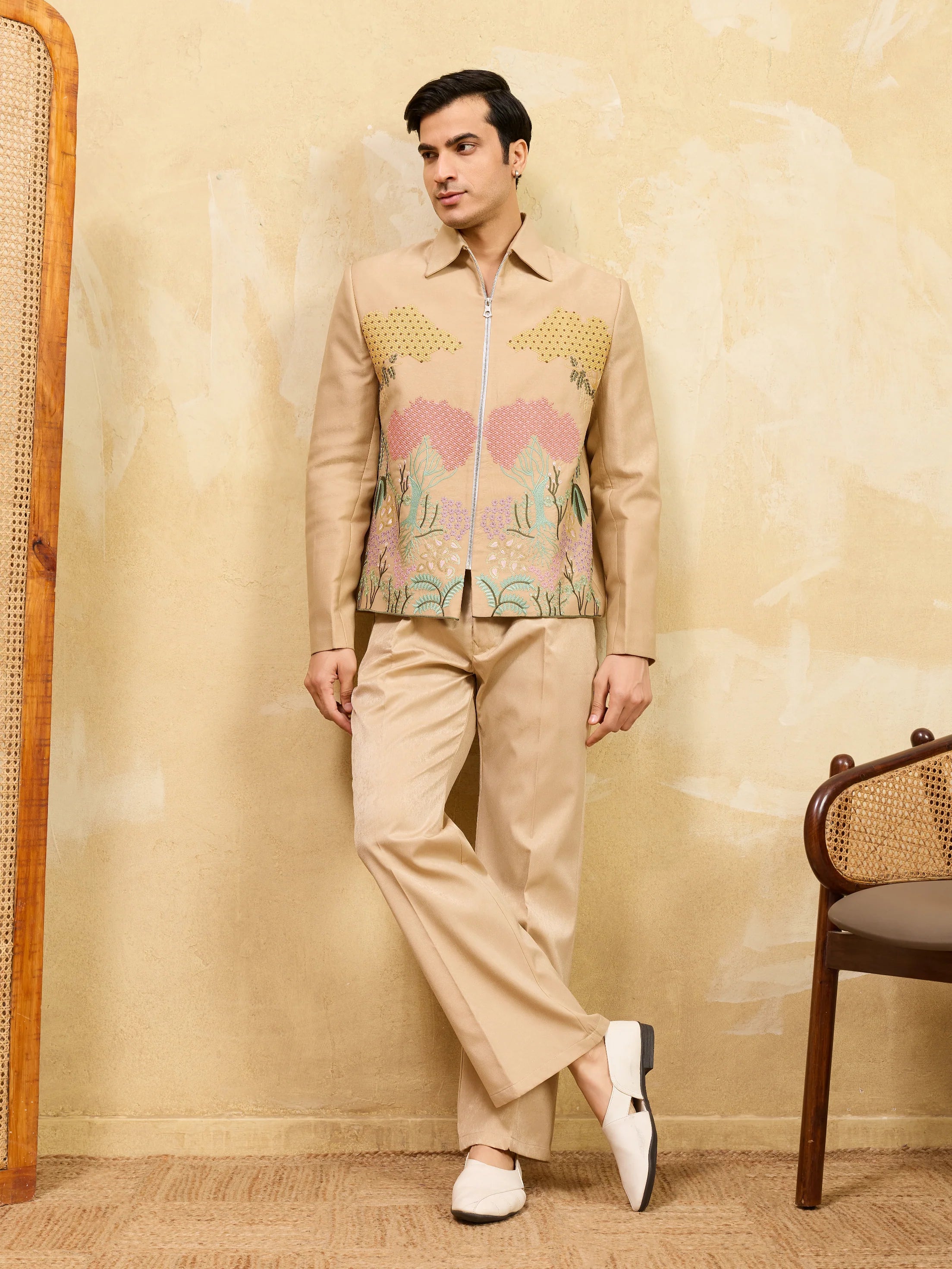 Beige Bomber Jacket with Embroidered Thread Work and Pant Set for Men