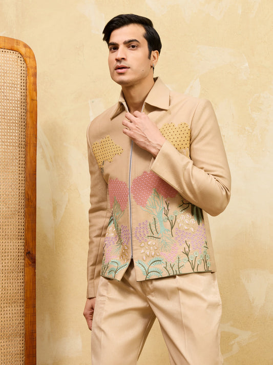Beige Bomber Jacket with Embroidered Thread Work and Pant Set for Men