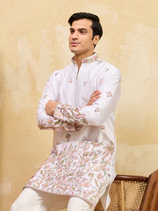 Classic White Thread & Sequence Embroidered Work Kurta Pant Set