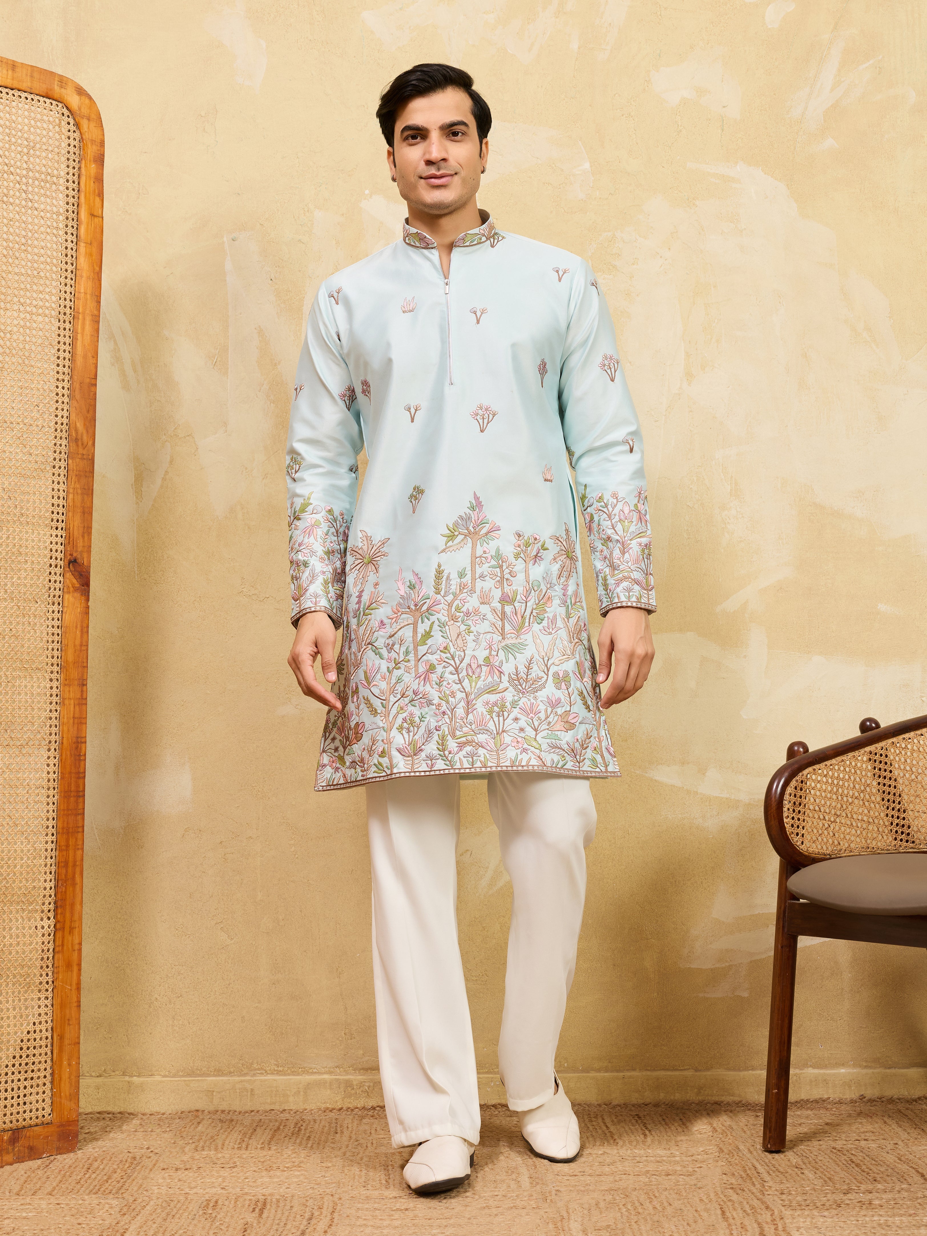 Premium Sky Viscose Silk Embroidered Work Kurta Set For Festive Occasion