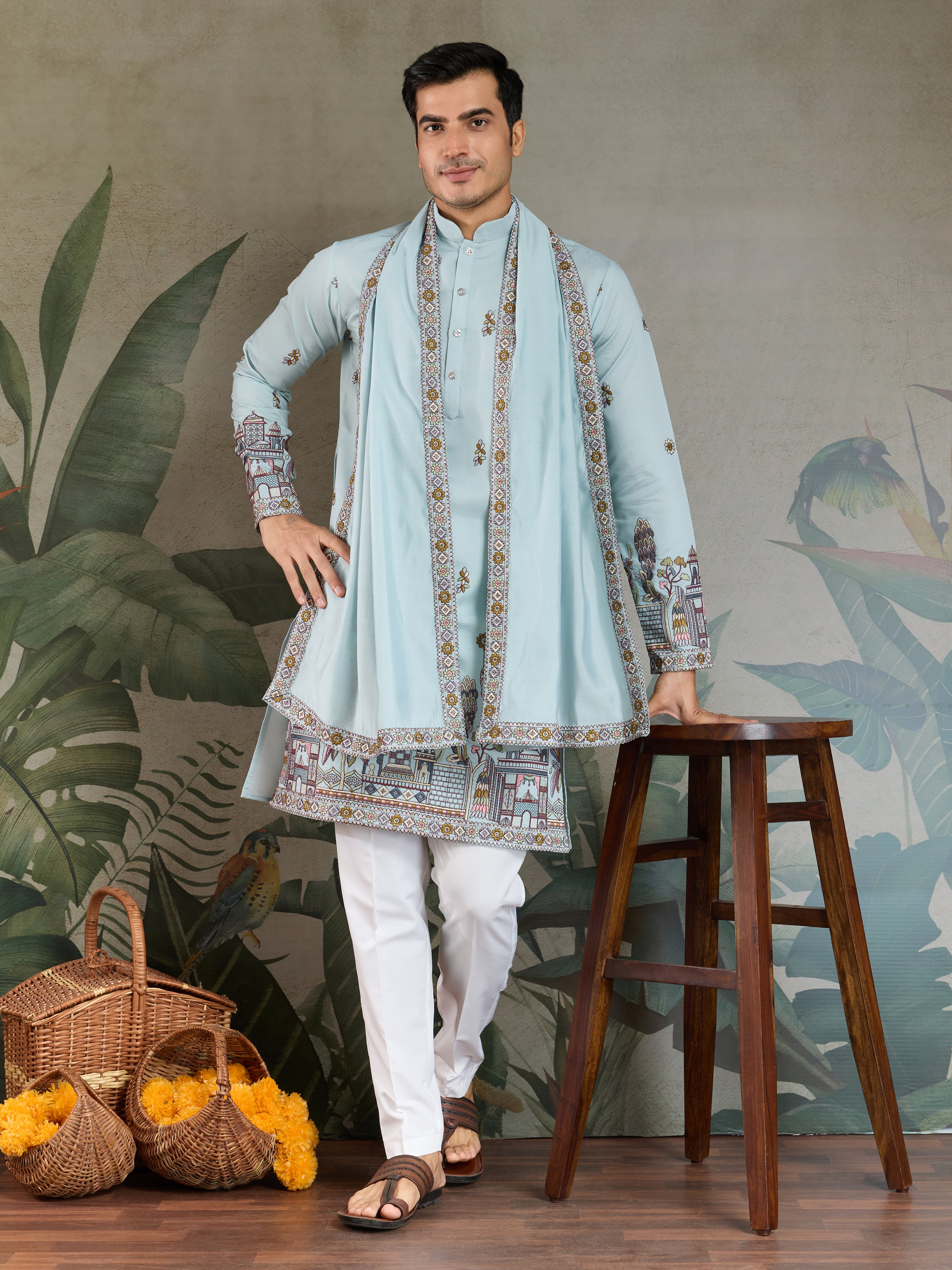 Traditional Sky Color Embroidered Kurta Pajama Set for Men