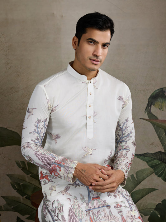 Designer White Silk printed kurta for men