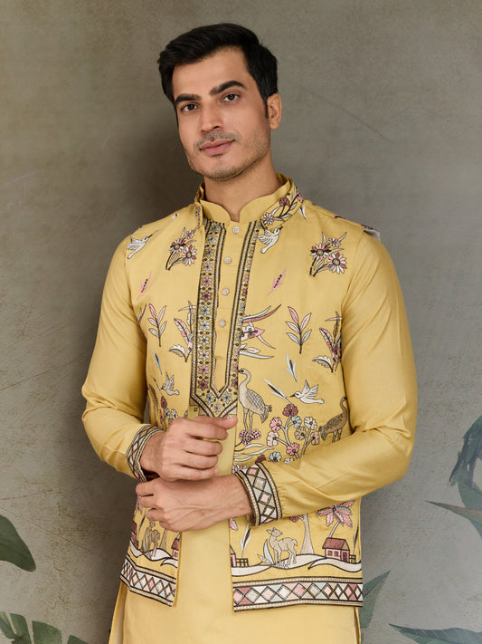 Haldi Special Yellow Kurta Pajama with Open Jacket for Men