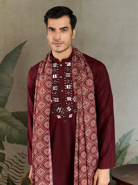Traditional Maroon Mirror Embroidered Kurta with Dupatta