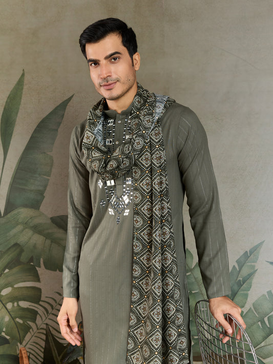Premium Olive Green Mirror Work Kurta with Dupatta for Occasions