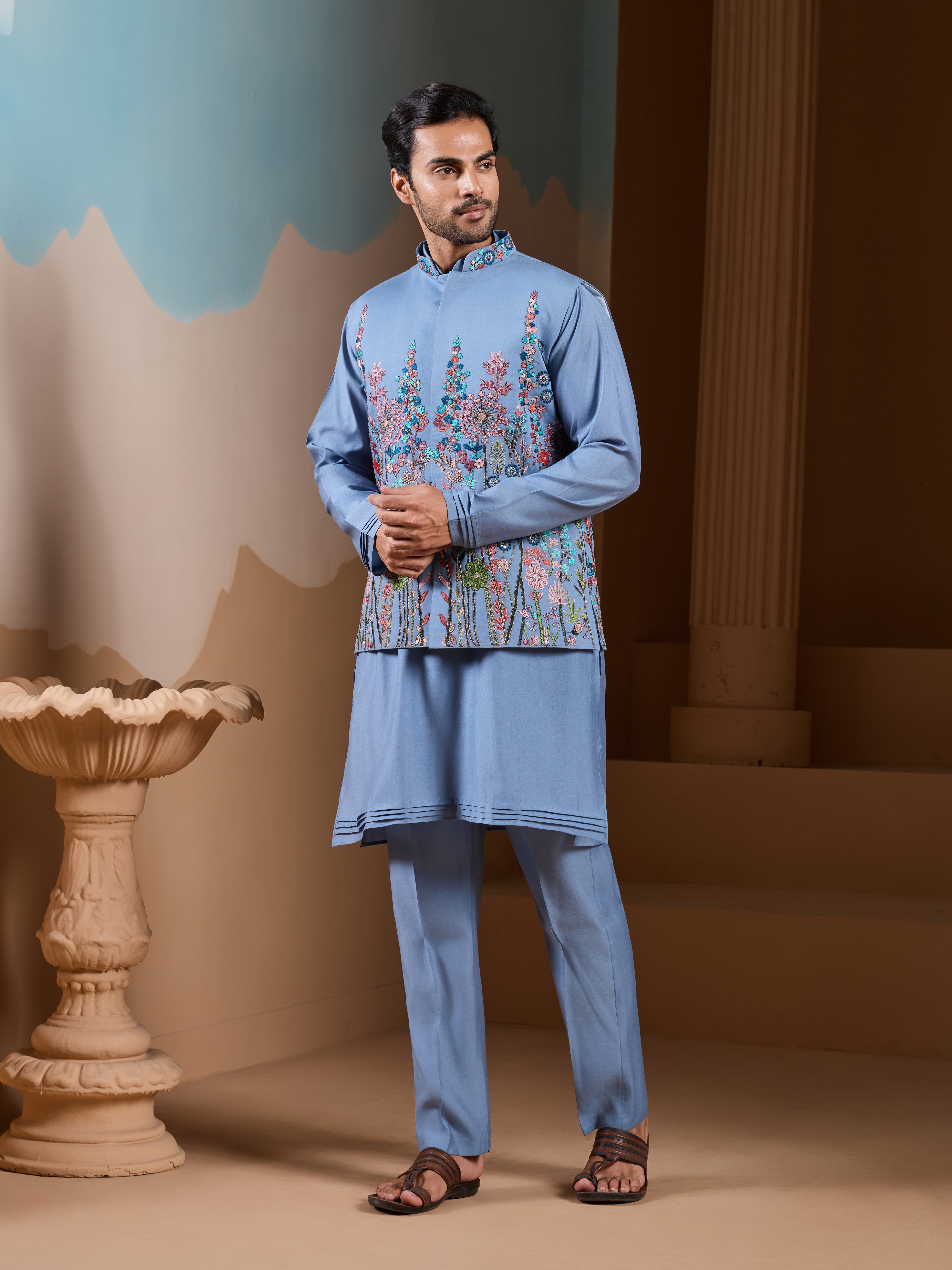 Vibrant Sky Blue Koti Kurta Pajama for Mens Outfits