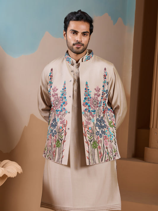 Elegant Fashionable Beige Koti Kurta Set for Mens Wear