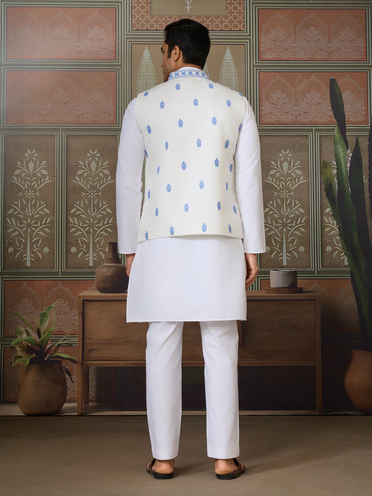 Traditional White Kurta Blue Koti Pajama for Men
