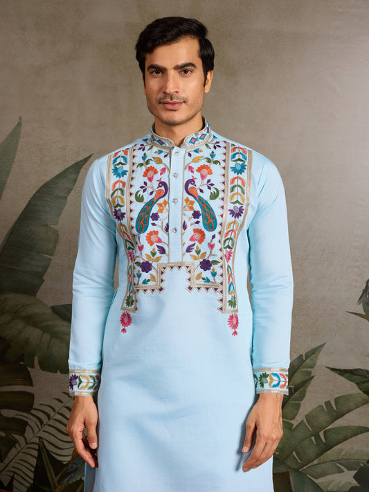 Premium Sky Blue Embroidered Mens Kurta for Celebrations