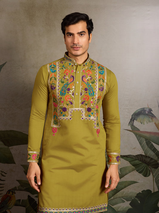 Festive Wear Flourescent Green Embroidered Kurta for Men