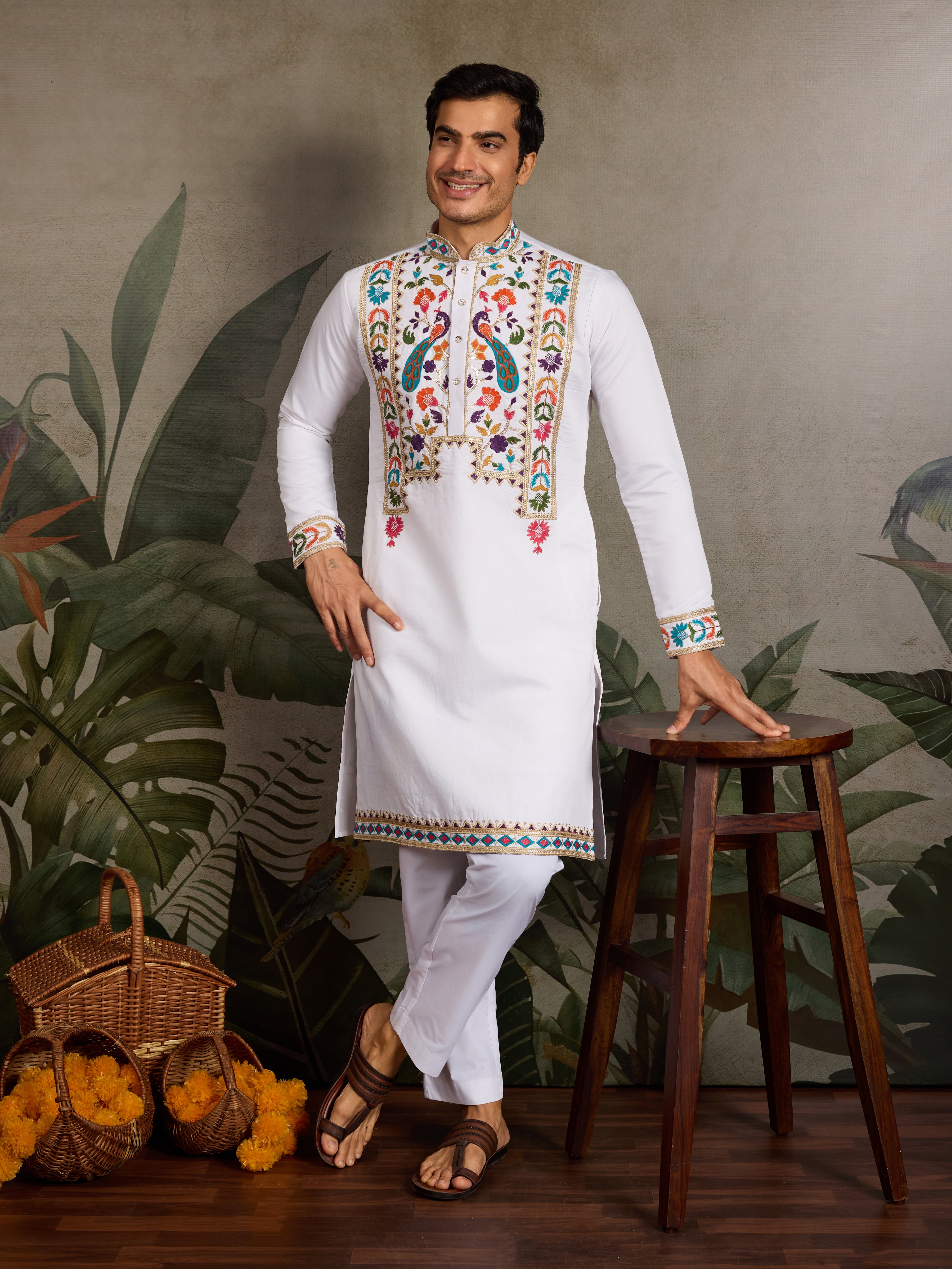 White Embroidered Mens Kurta for Special Events