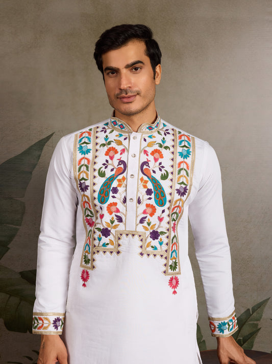 White Embroidered Mens Kurta for Special Events