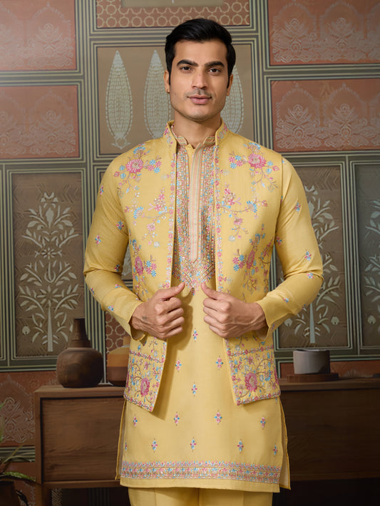Trending Yellow Haldi Ceremony Koti Kurta for Men