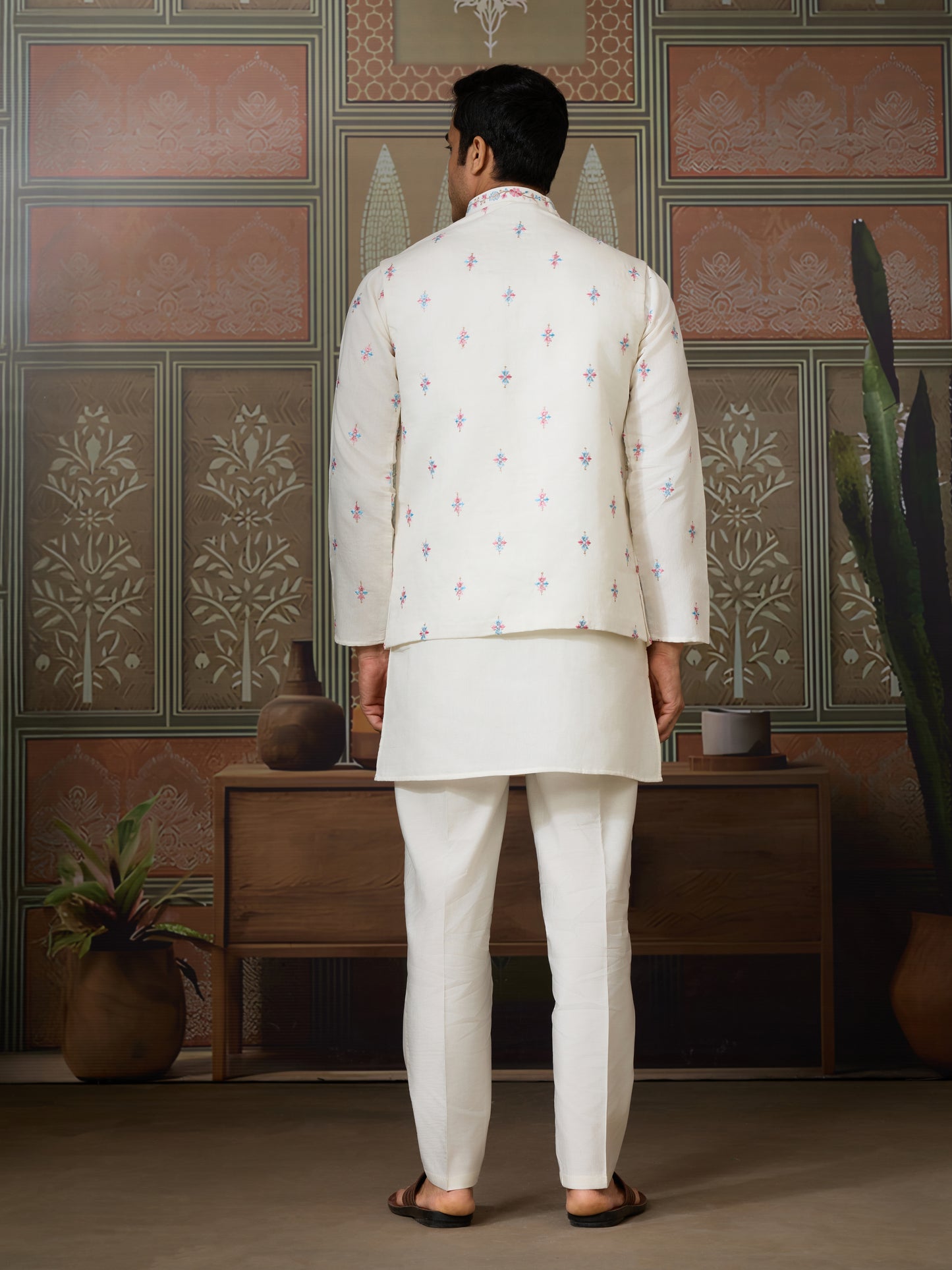 Ethnic White Embroidered Koti Kurta Set for Men