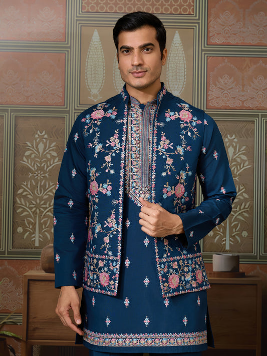 Modern Teal Blue Open Koti Kurta Set for Men