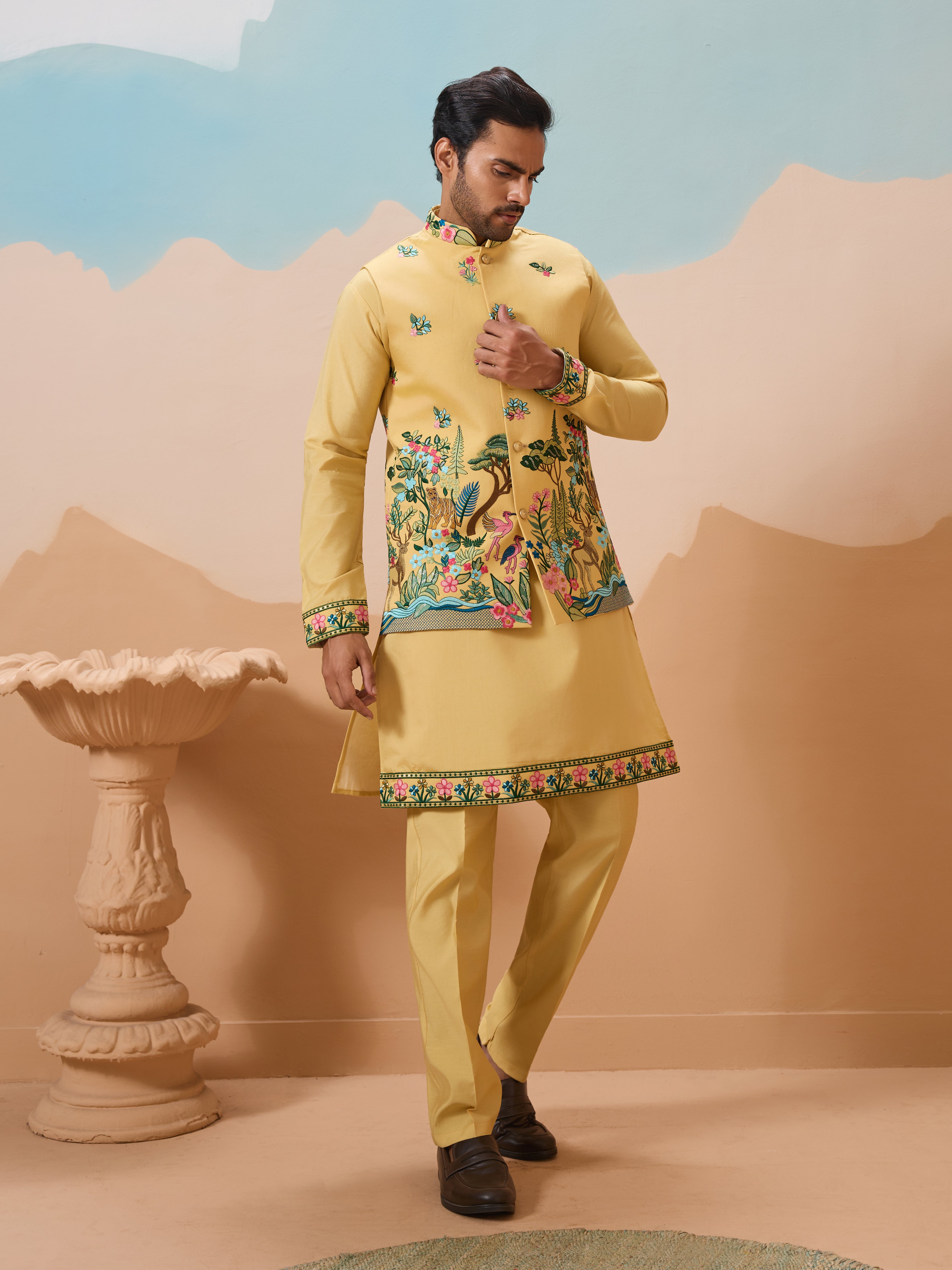 Haldi Special Yellow Classic Koti Kurta Set for Mens Wear