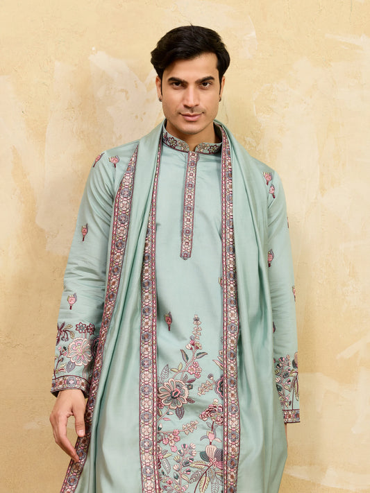 Premium Pista Green Embroidered Viscose Silk Kurta and Dupatta for Men