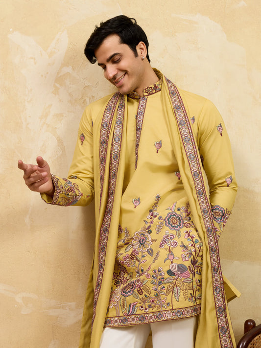 Radiant Yellow Viscose Silk Embroidered Kurta with Dupatta