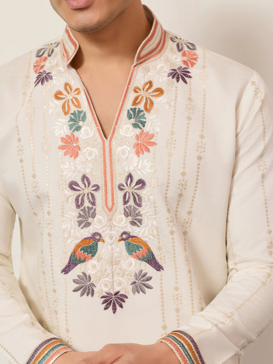 Luxury White V Neck Kurta Pant for Festive Wear