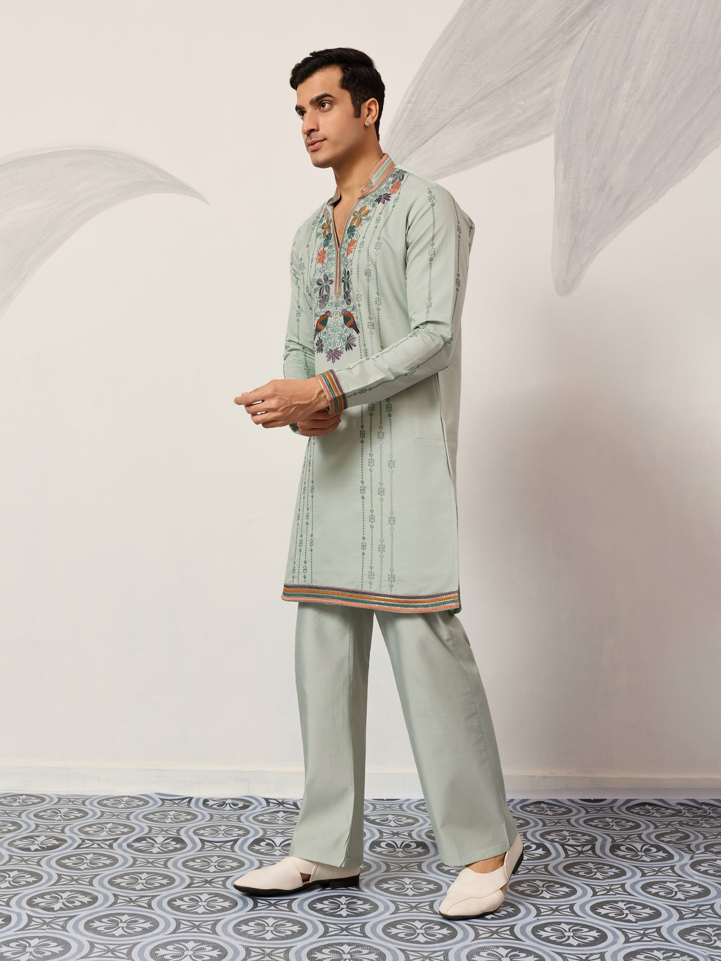 Ethnic Pista V Neck Kurta Pant Set for Mens Wear