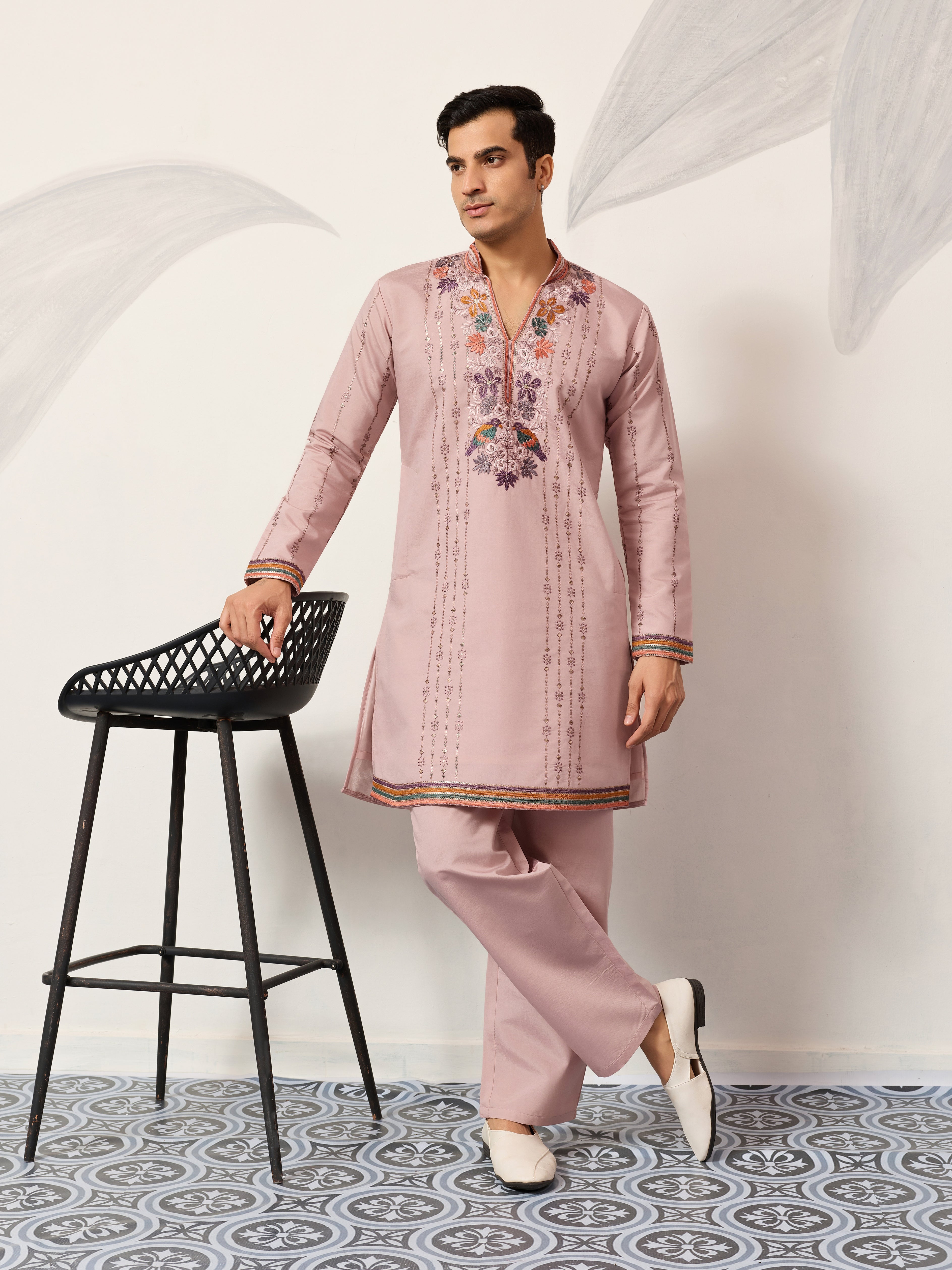 Classic Pink Embroidered V Neck Kurta Pant Outfit for Mens Wear