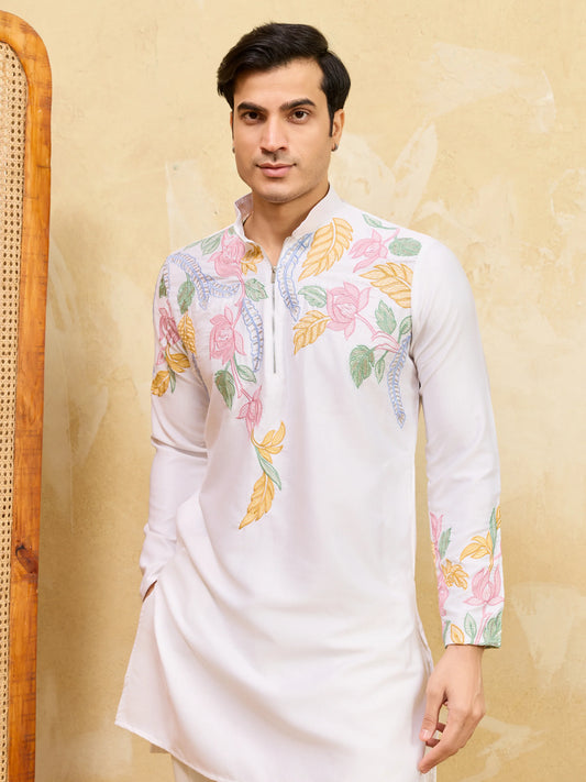Elegant White Floral Embroidered Kurta Set for Men