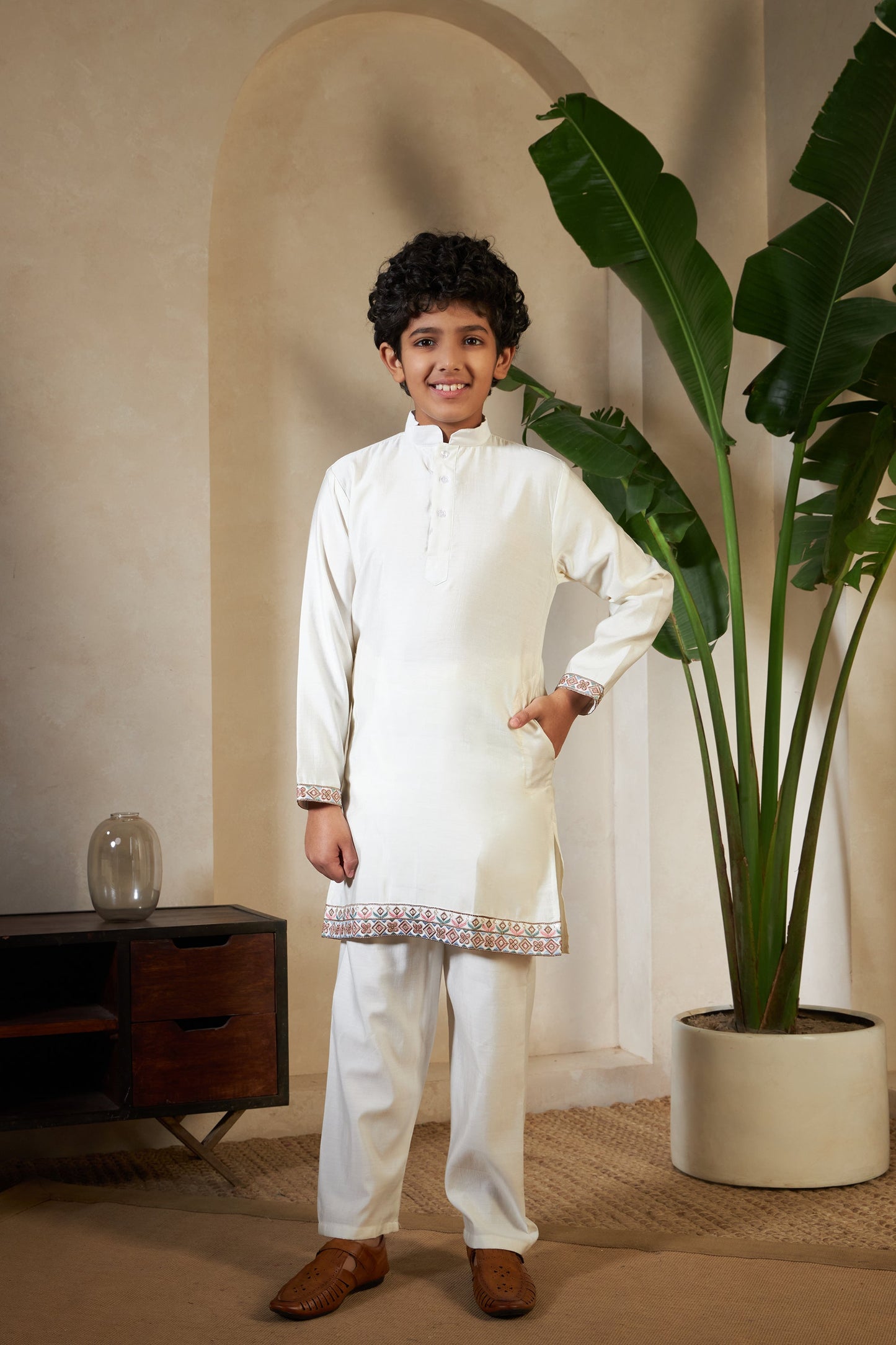 White Embroidered Koti Kurta Set for Boys