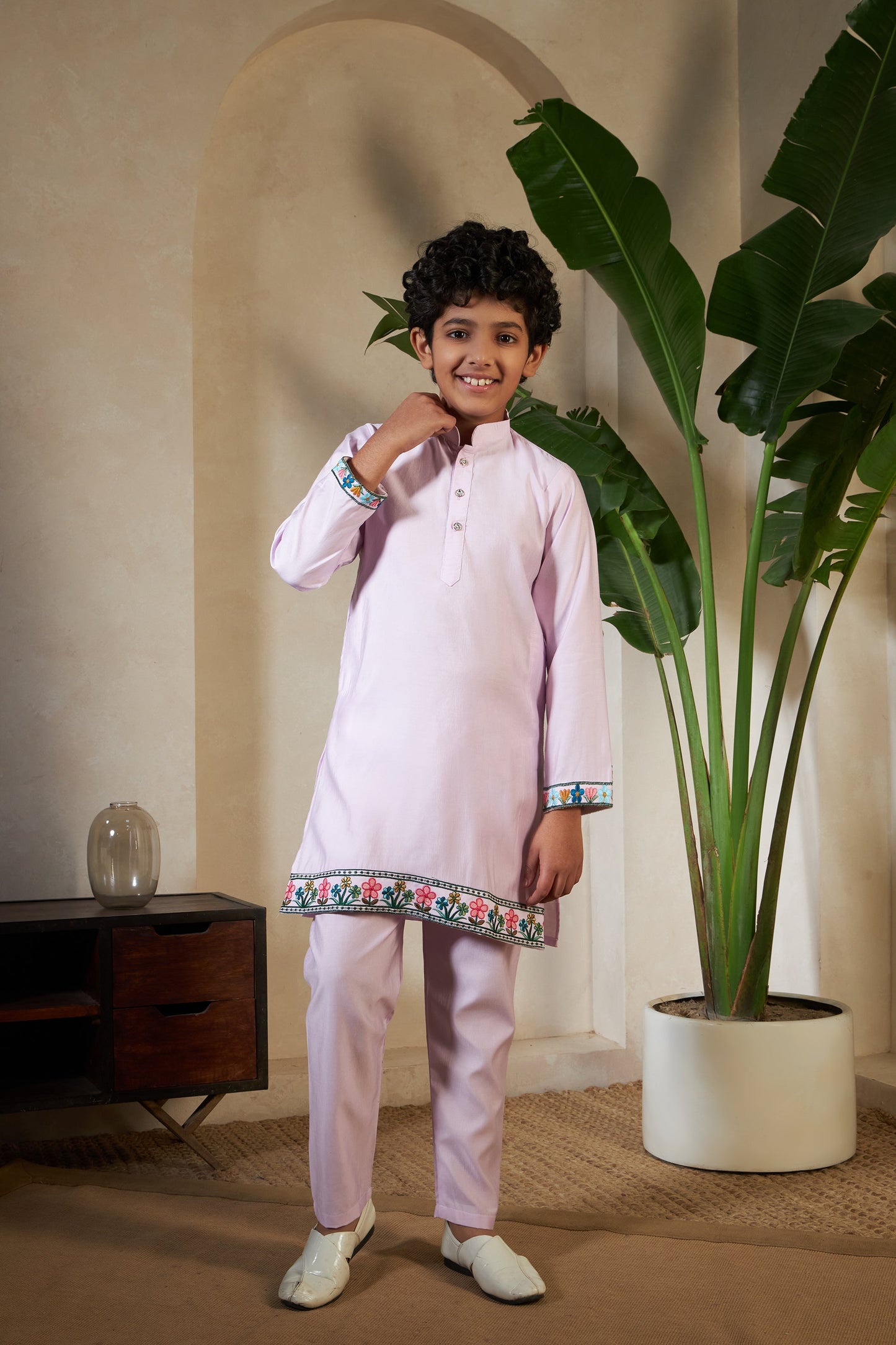 Traditional Lavender Viscose Silk Kurta with Koti for Boys