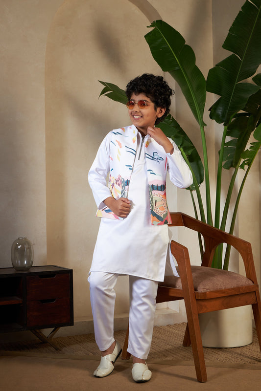 White Embroidered Carnival Kurta-Jacket Set for Boys