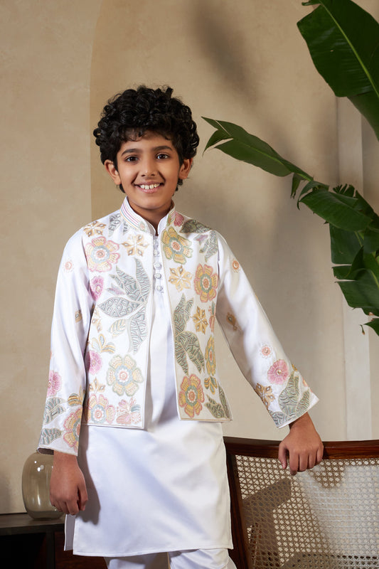 White Malai Satin Silk Embroidered Kurta with Jacket Set for Boys