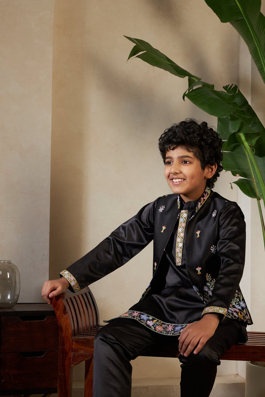 Stylish Black Satin Kurta Koti Set For Wedding Wear