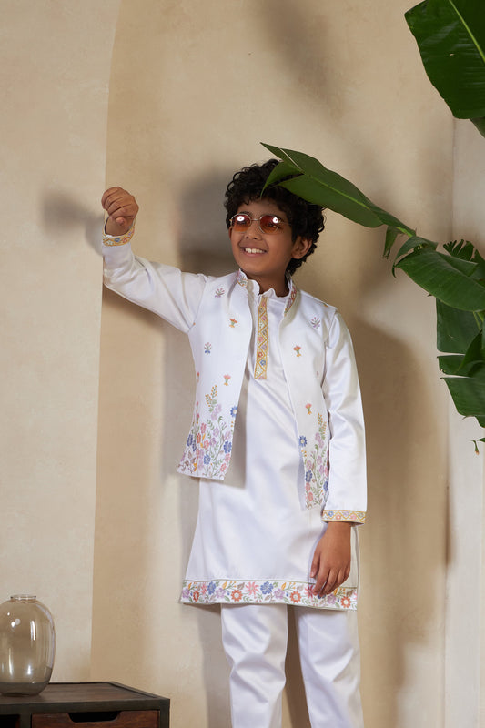 Elegant White Satin Thread Sequence Work Kurta Koti Set