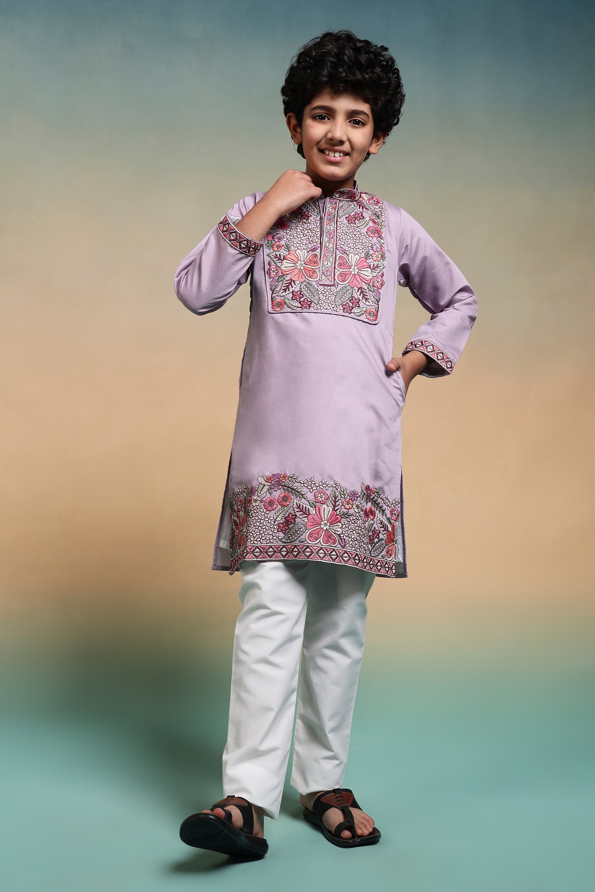 Stylish Lavender Multi Thread Sequence Work Kurta Pant Set For Kids