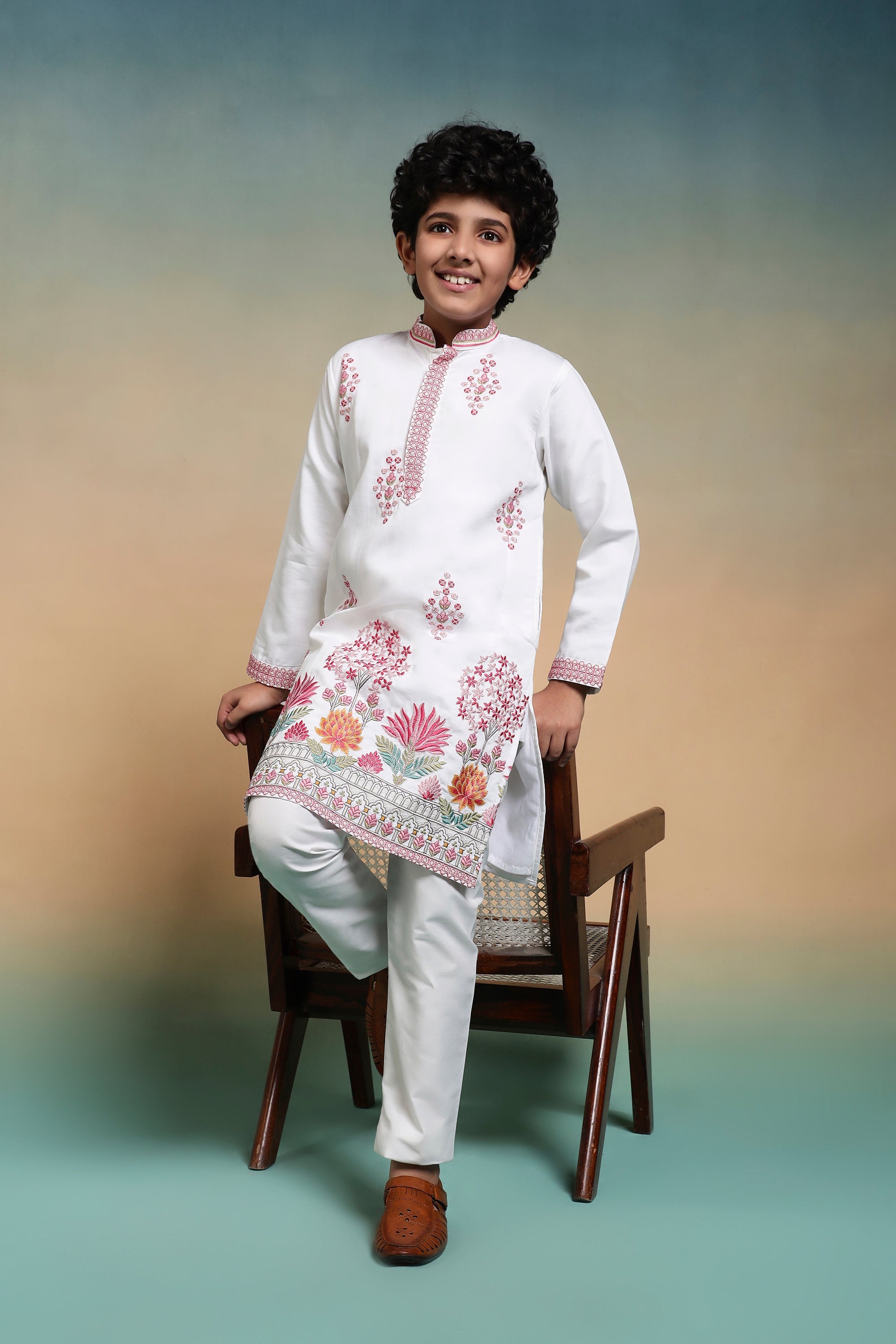 Stylish Viscose Silk Multi Thread Work Kurta Pajama Set For Boy
