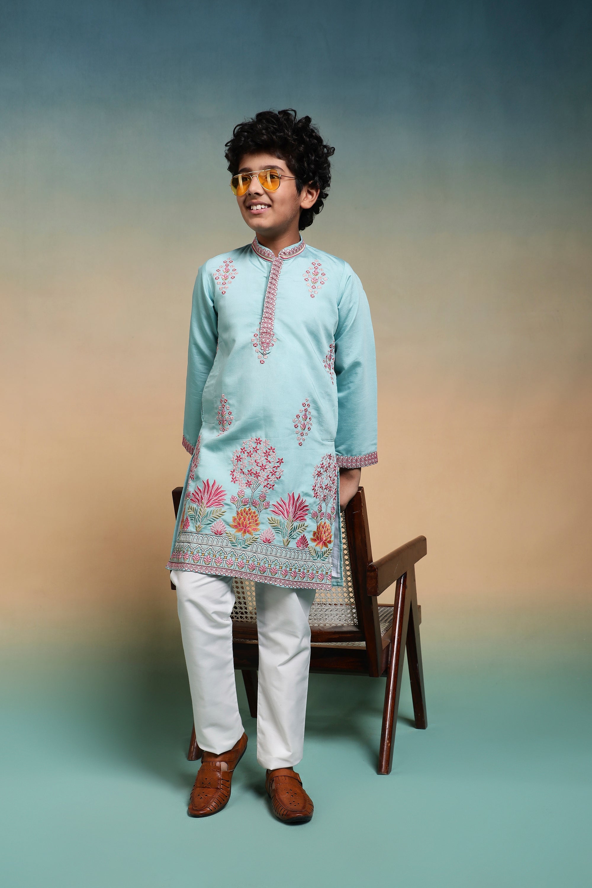 Traditional Sky Viscose Silk Multi Thread Work Kurta Set For Kids