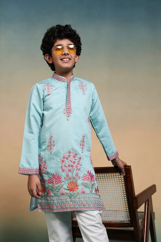 Traditional Sky Viscose Silk Multi Thread Work Kurta Set For Kids
