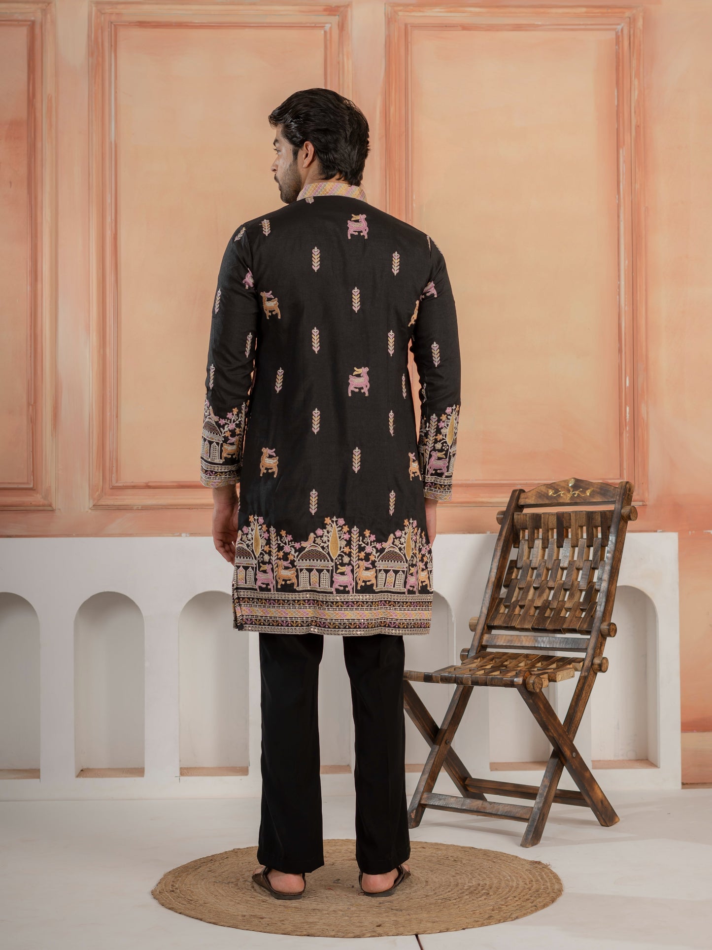 Designer Black Soft Silk Embroidered Work Kurta Set For Men
