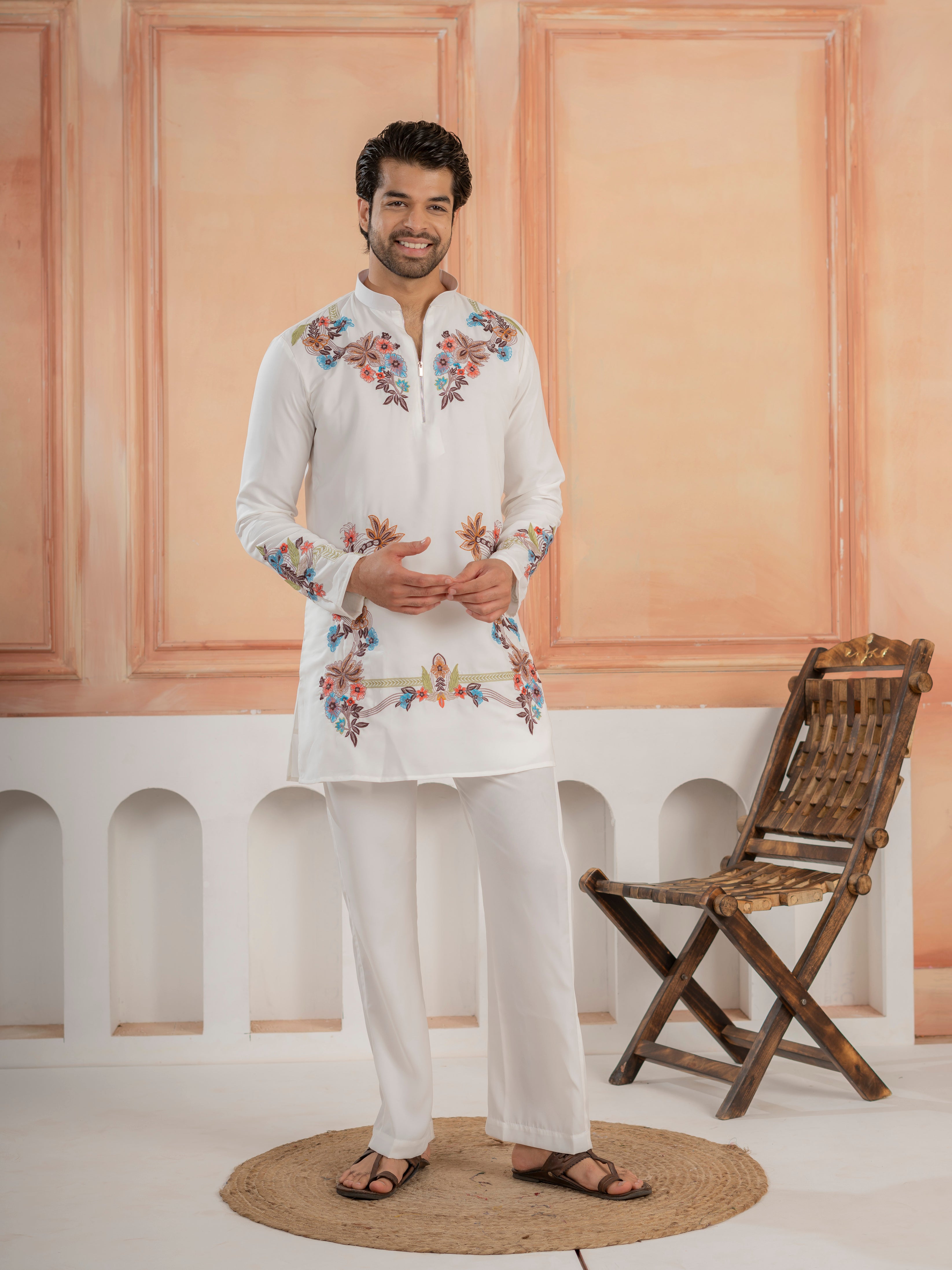 Designer White Multicolor Thread Work Kurta & Bell Bottom Pant Set