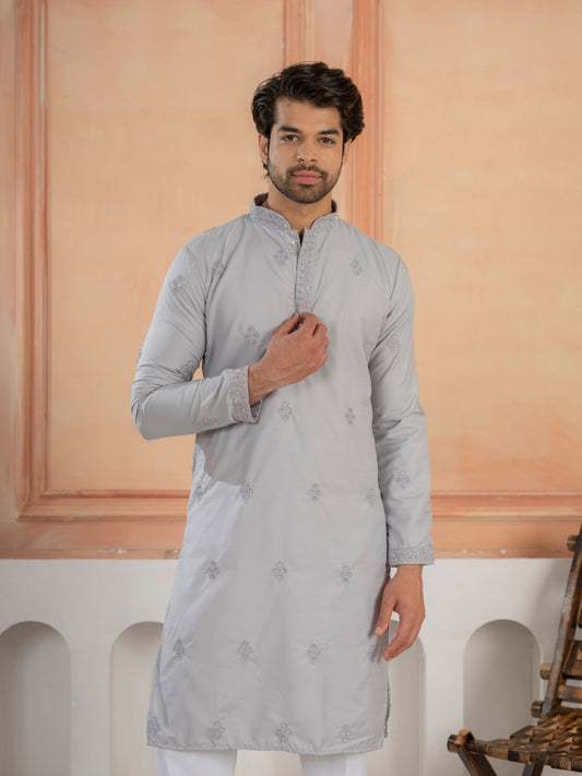 Elegant Grey Soft Cotton Val-Moti Butta Work Kurta Set