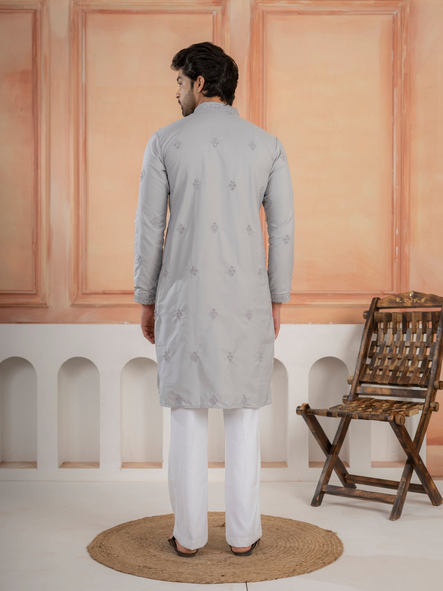 Elegant Grey Soft Cotton Val-Moti Butta Work Kurta Set