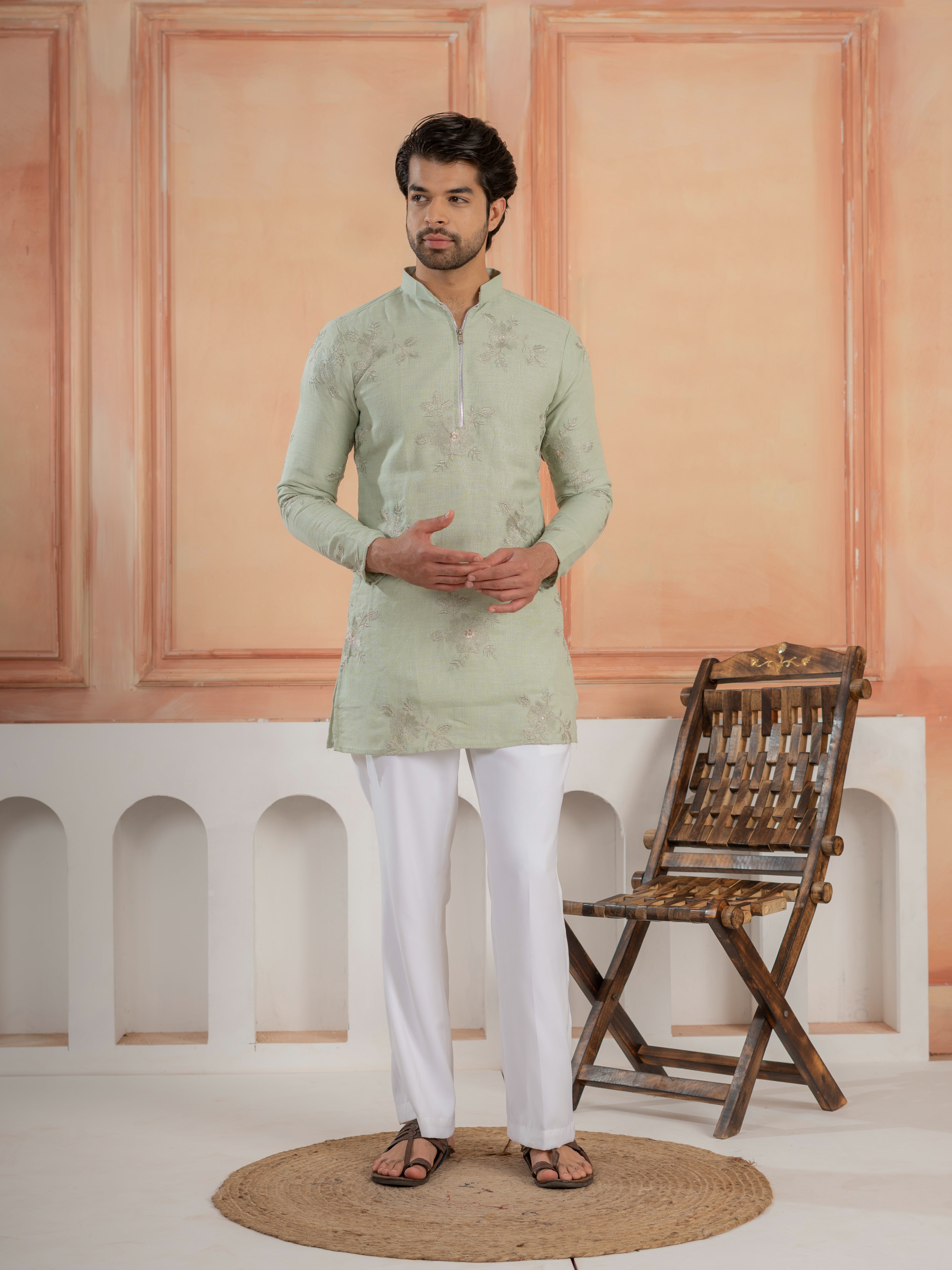 Green Linen Golden Embroidered Kurta Set For Festive Wear