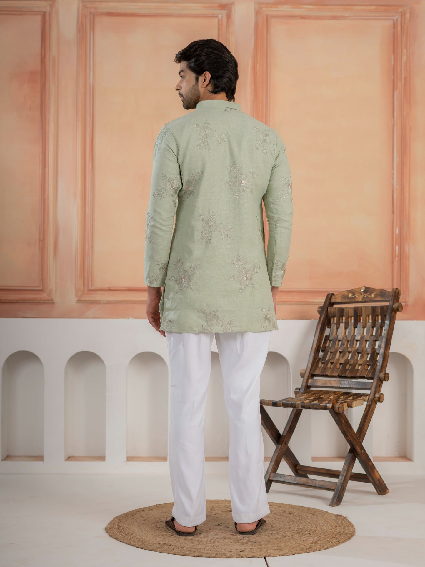 Green Linen Golden Embroidered Kurta Set For Festive Wear